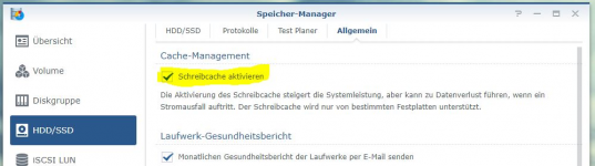 Screenshot der Registerkarte Allgemein aus dem Speichermanager, mit der Option, den Schreibcache zu aktivieren.